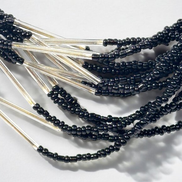 Vintage Multi-Strand Glass Bead Necklace Black Silver 36-38In Adj Boho Elegant - Picture 2 of 9